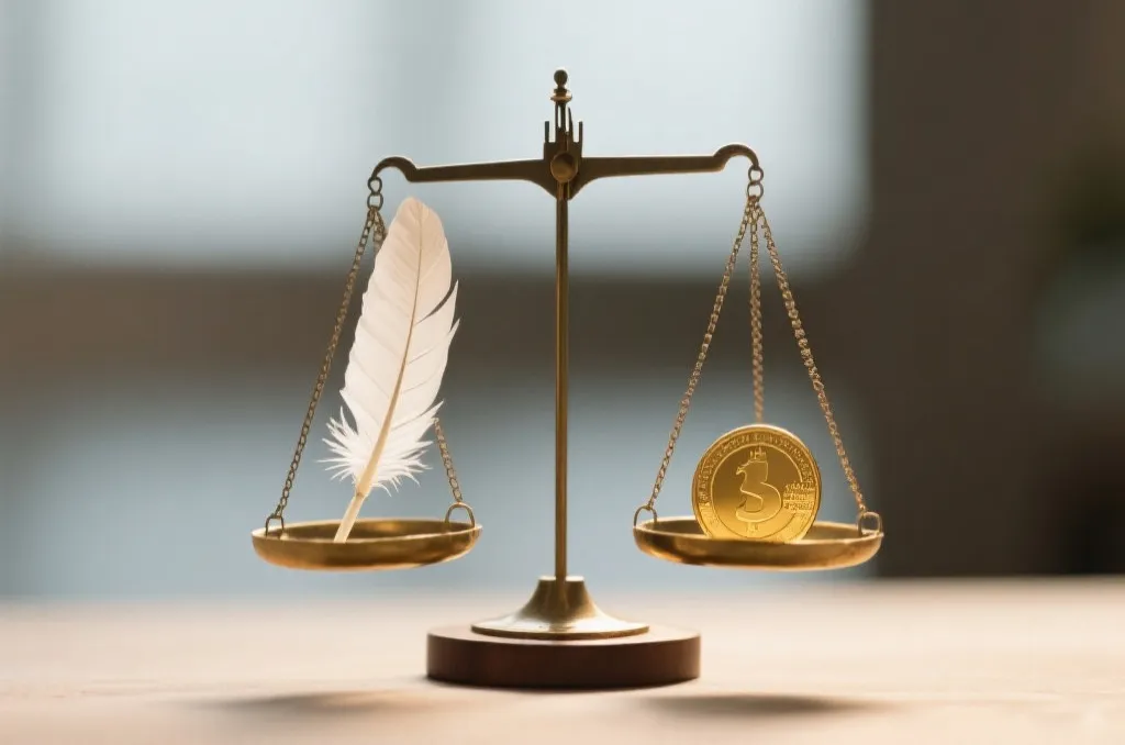 天平一端是羽毛，另一端是金币，象征资金管理的平衡与稳健