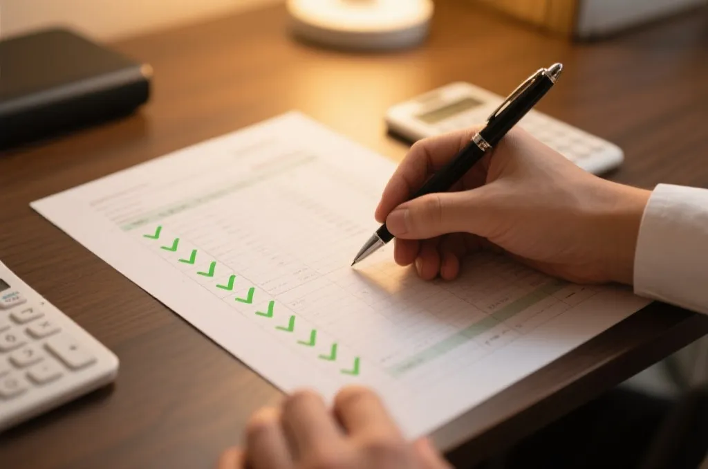 Close-up of a hands-on planning workspace, a pen writing on a structured paper ledger with green checkmarks, a simple calculator nearby