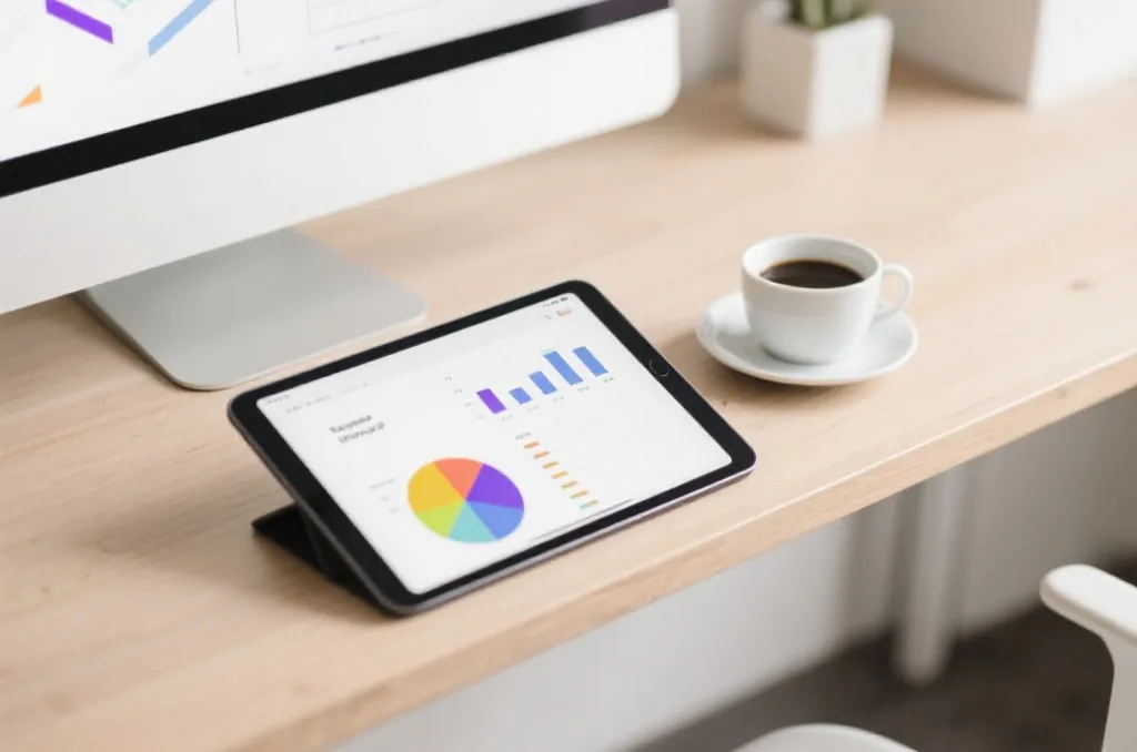 A modern minimalist workspace with a tablet displaying abstract probability charts and a cup of coffee on a clean wooden desk
